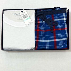 Nautica Sz L Men's PJ Set White Blue Multi Crew Neck Cozy Pants